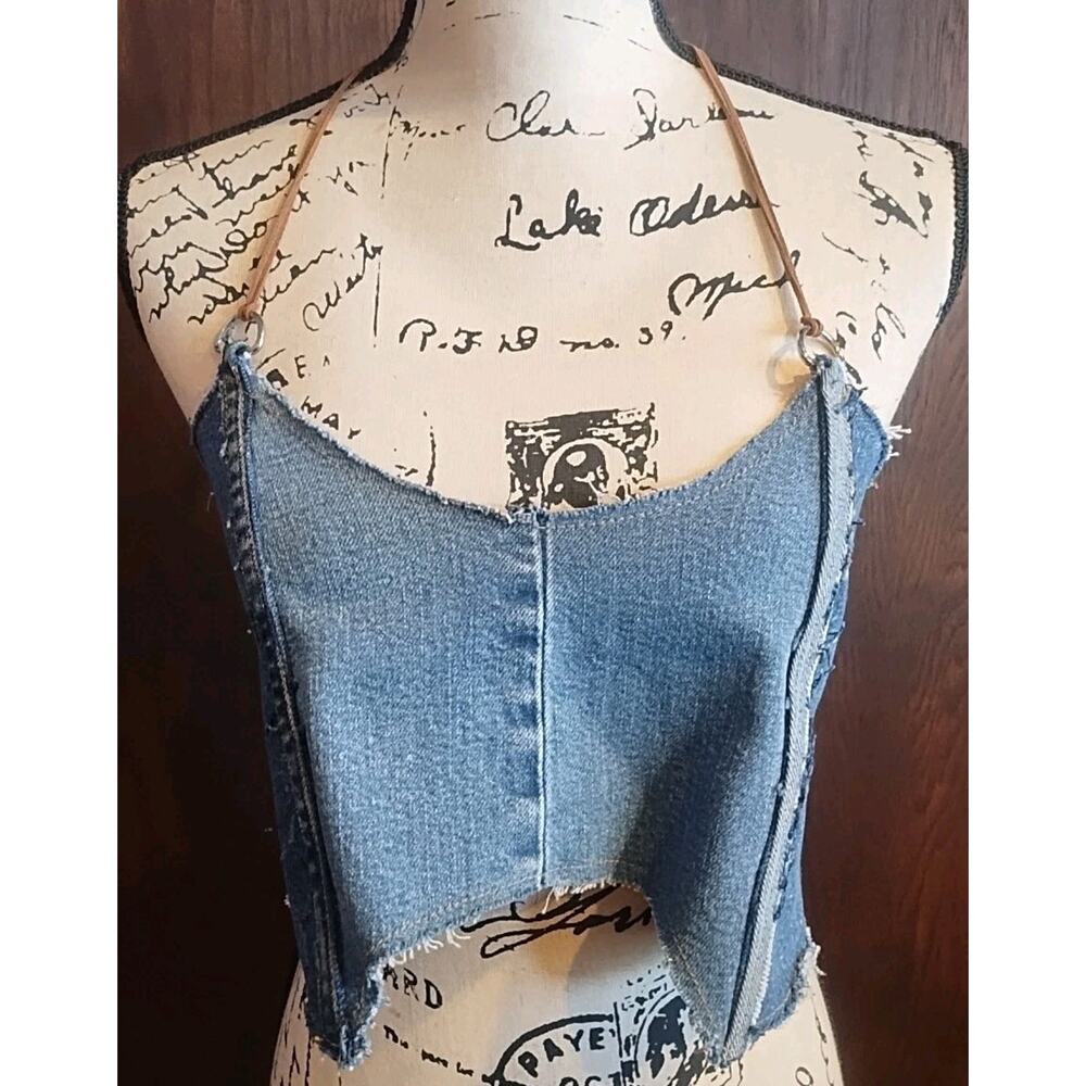 MPAZ studio Denim Corset Festival Halter Top S-M Leather strap tie lace up